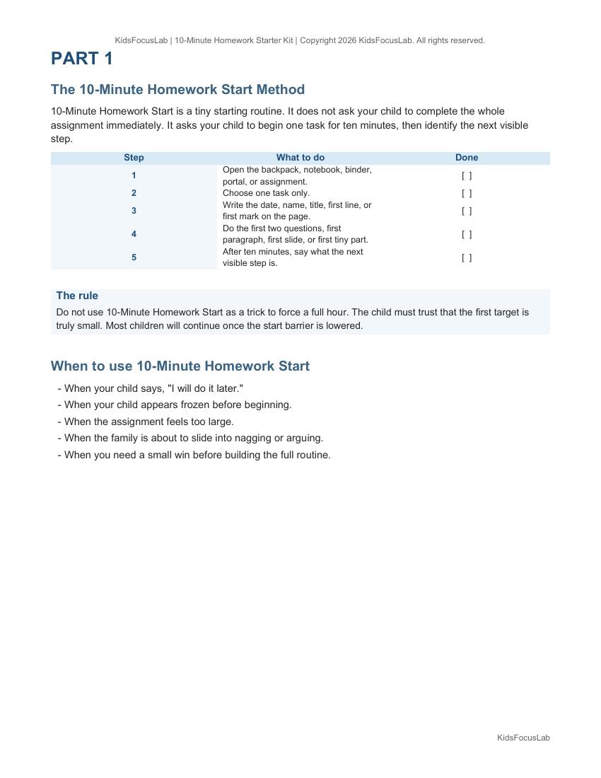The 10-Minute Homework Start worksheet page